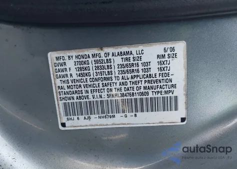 2006 Honda Odyssey Ex from USA, damaged, VIN 5FNRL38476B110609